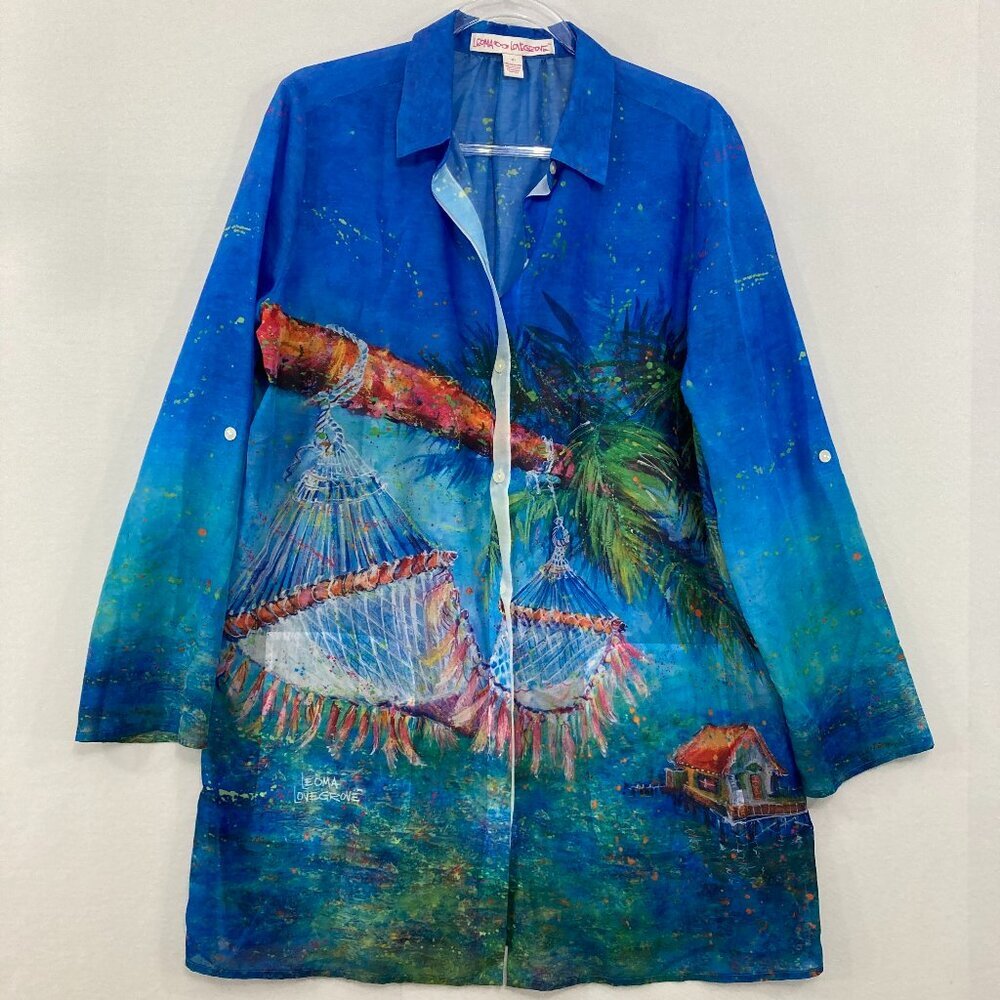 Leoma Lovegrove Medium Blue Tropical Hammock Button Up Tunic Vacation